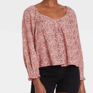 Universal Thread 💚 Pink and Orange Puff Sleeve Smocked Blouse